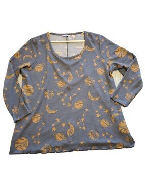 Womens XLP Thermal Sleep Top Lightweight Long Sleeve Moon Stars Saturn Oversized